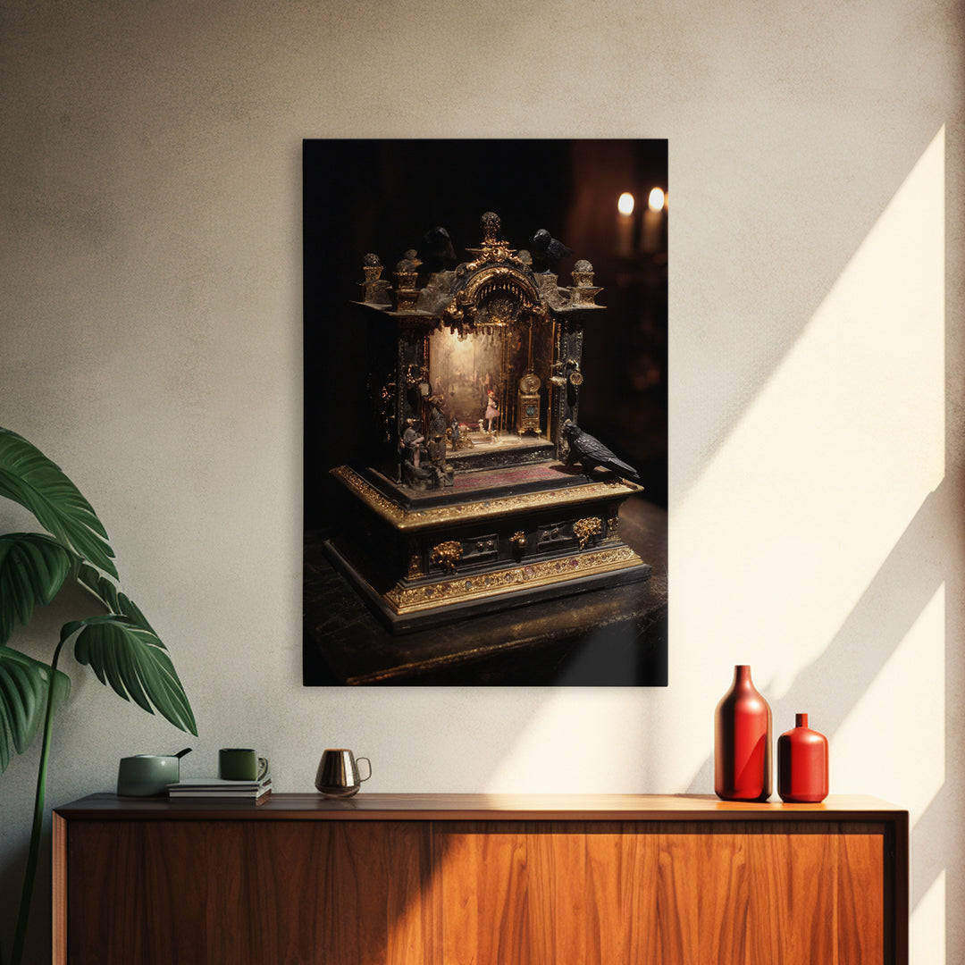 The Haunted Music Box, Ornate Symbolist Art, Vertical Wall Art, Dark Halloween Decor, Canvas Print, Halloween Wall Art