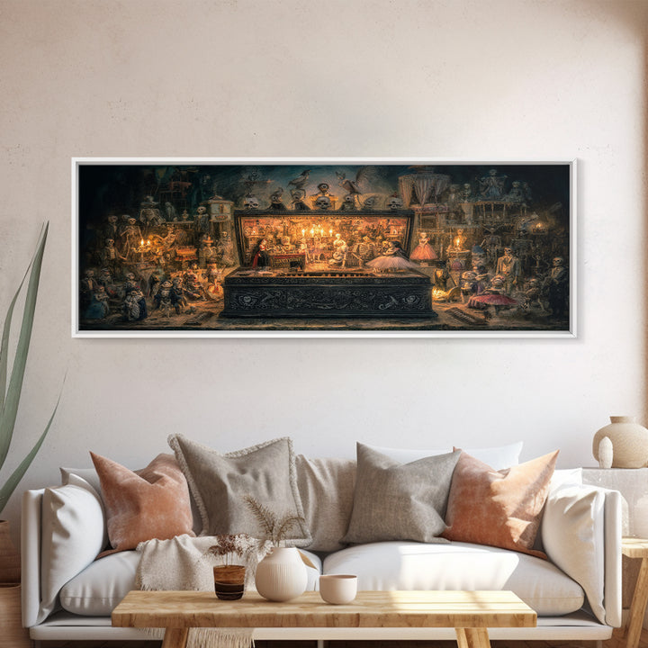 The Haunted Music Box, Grotesque Carnival Art, Wide Panoramic Art, Dark Fantasy Wall Art, Framed Canvas Print, Halloween Wall Art