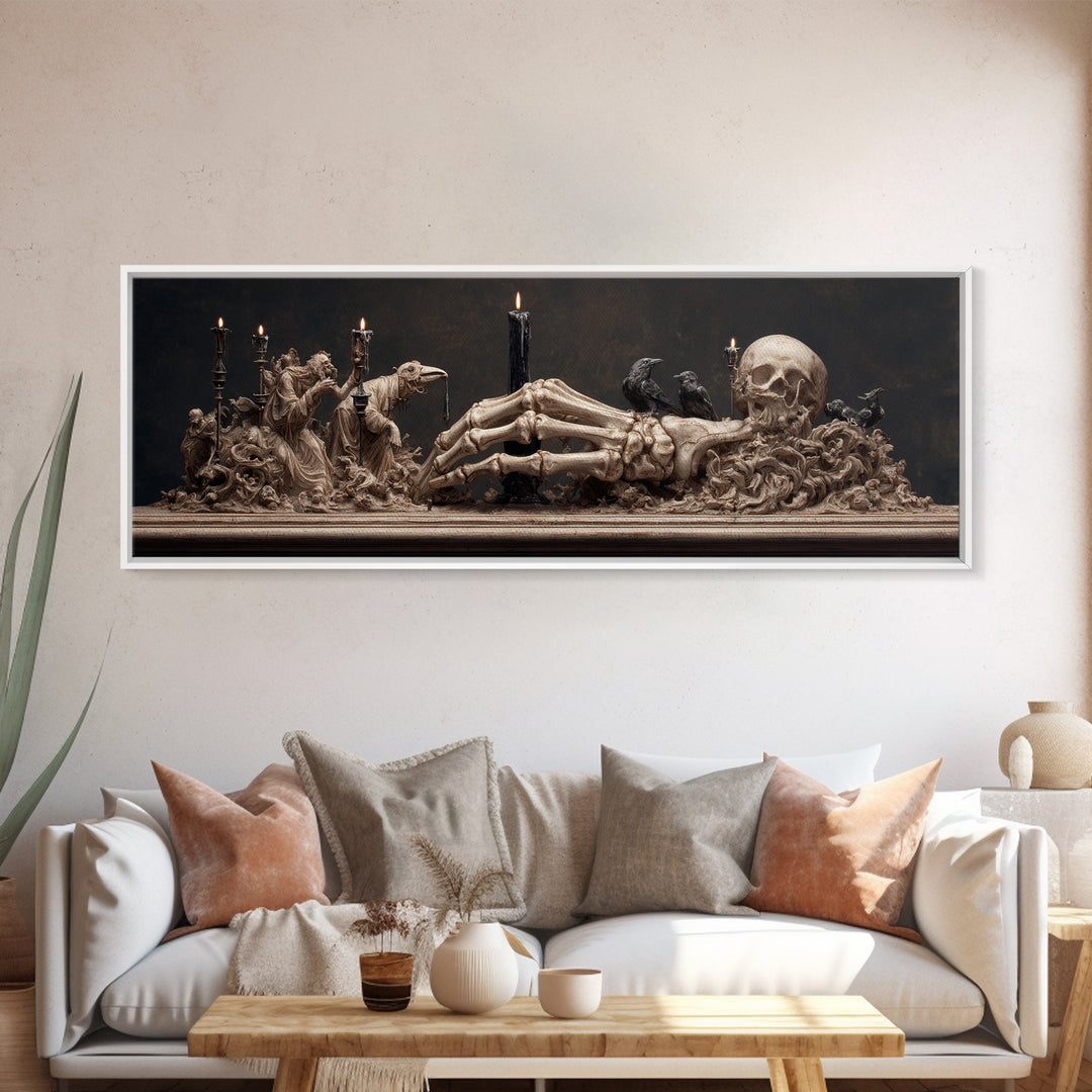 The Skeletal Hand Candleholder, Medieval Grotesque Art, Extra Wide Wall Art, Gothic Horror Wall Art, Canvas Print, Halloween Wall Art