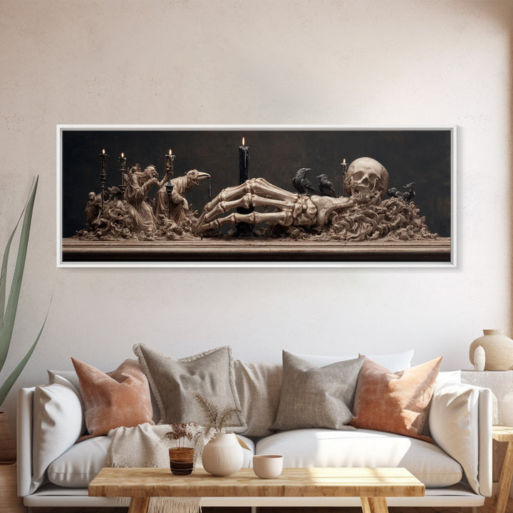 The Skeletal Hand Candleholder, Medieval Grotesque Art, Extra Wide Wall Art, Gothic Horror Wall Art, Canvas Print, Halloween Wall Art