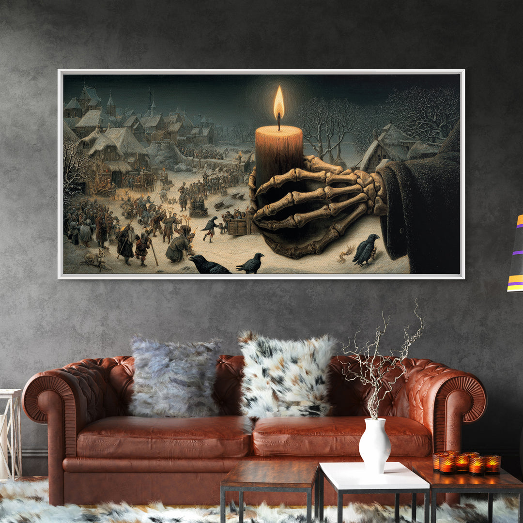 The Skeletal Hand Candleholder, Northern Renaissance Horror, Wide Panoramic Art, Dark Fantasy Wall Art, Framed Canvas Print
