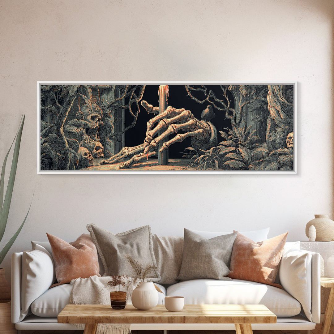 The Skeletal Hand Candleholder, Dark Renaissance Art, Extra Wide Wall Art, Dark Fantasy Wall Art, Framed Canvas Print