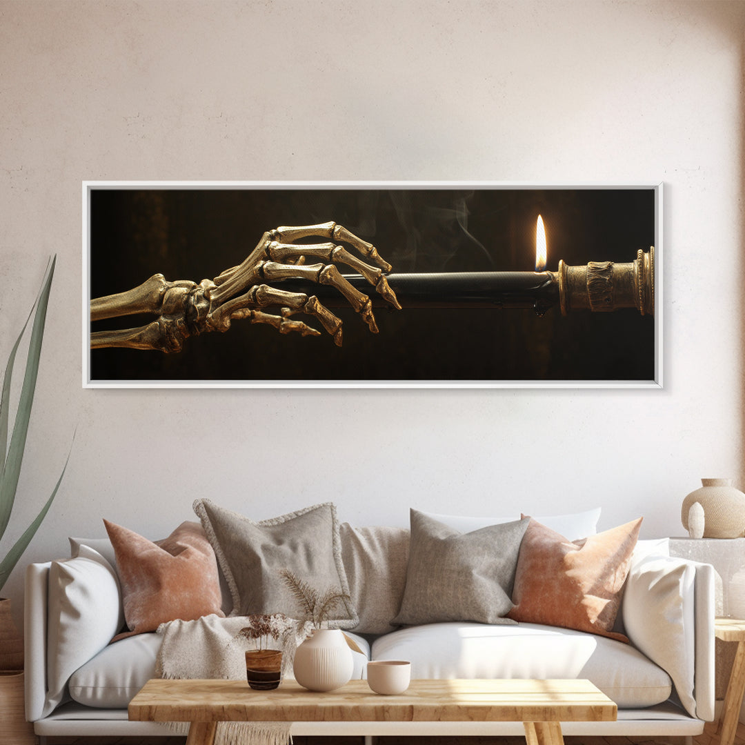The Skeletal Hand Candleholder, Ornate Symbolist Art, Extra Wide Wall Art, Dark Halloween Decor, Canvas Print, Halloween Wall Art