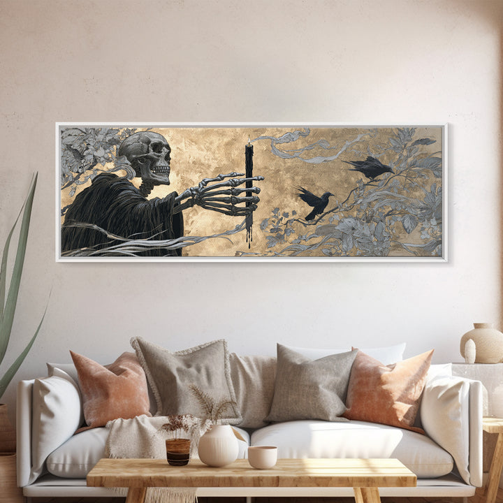 The Skeletal Hand Candleholder, Symbolist Death Art, Extra Wide Wall Art, Gothic Horror Wall Art, Canvas Print, Halloween Wall Art