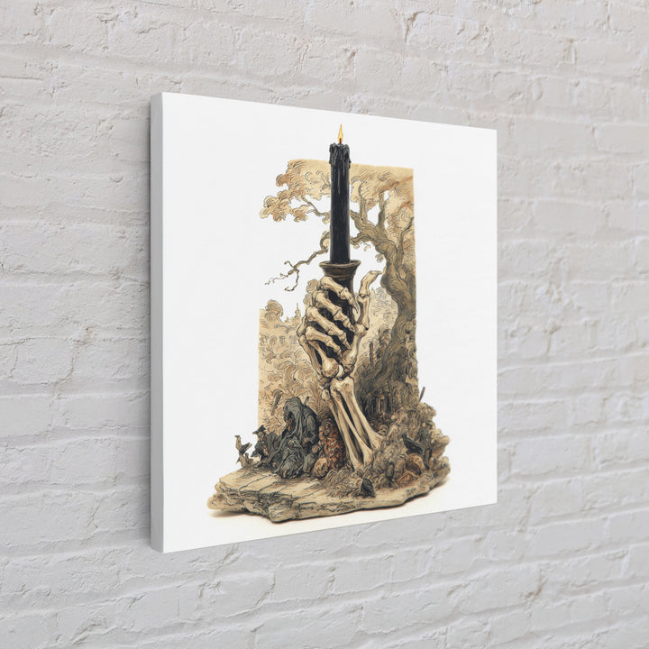 The Skeletal Hand Candleholder, Gothic Storybook Art, Square Wall Art, Macabre Wall Art, Canvas Print, Halloween Wall Art