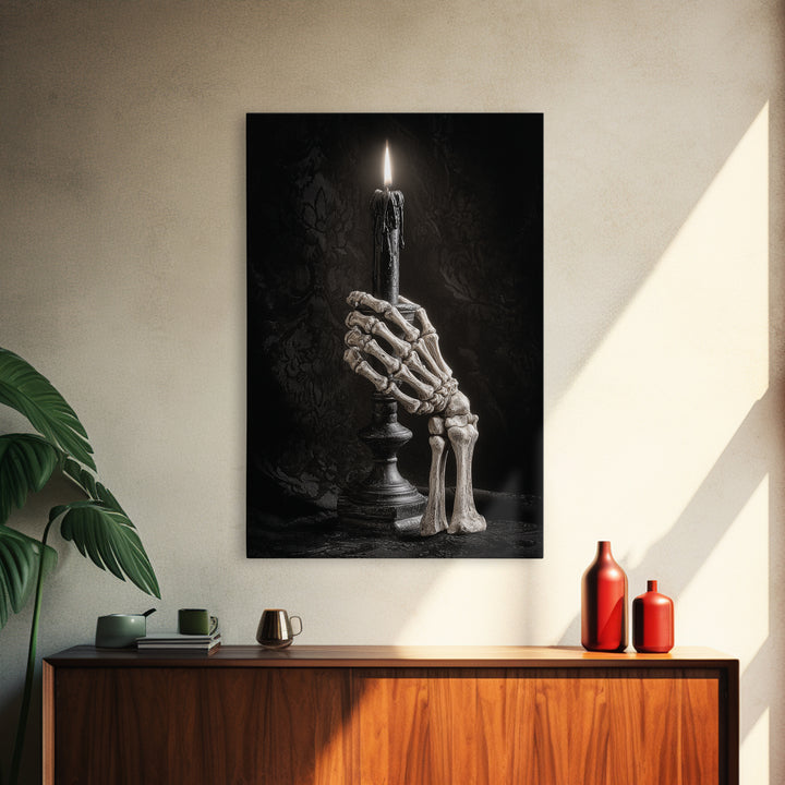 The Skeletal Hand Candleholder, Victorian Macabre Art, Vertical Wall Art, Macabre Wall Art, Framed Canvas Print, Halloween Wall Art