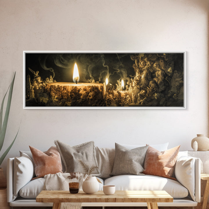 The Black Wax Candle, Medieval Grotesque Art, Extra Wide Wall Art, Dark Halloween Decor, Framed Canvas Print, Halloween Wall Art