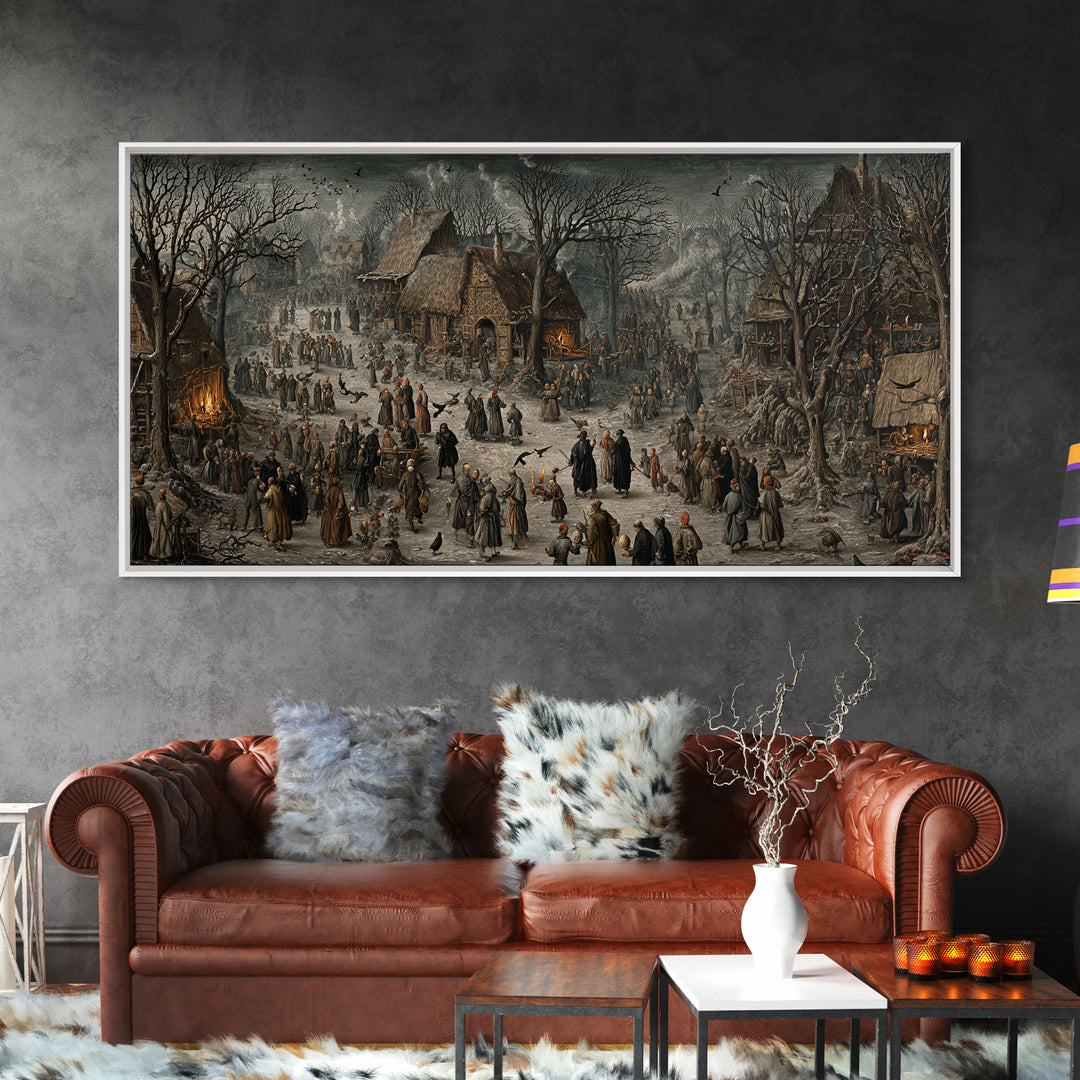 The Black Wax Candle, Northern Renaissance Horror, Wide Panoramic Art, Dark Halloween Decor, Framed Canvas Print