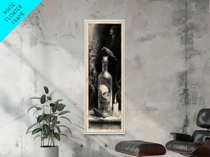 The Bottled Ghost, Gothic Engraving Art, Tall Narrow Wall Art, Macabre Wall Art, Framed Canvas Print, Halloween Wall Art