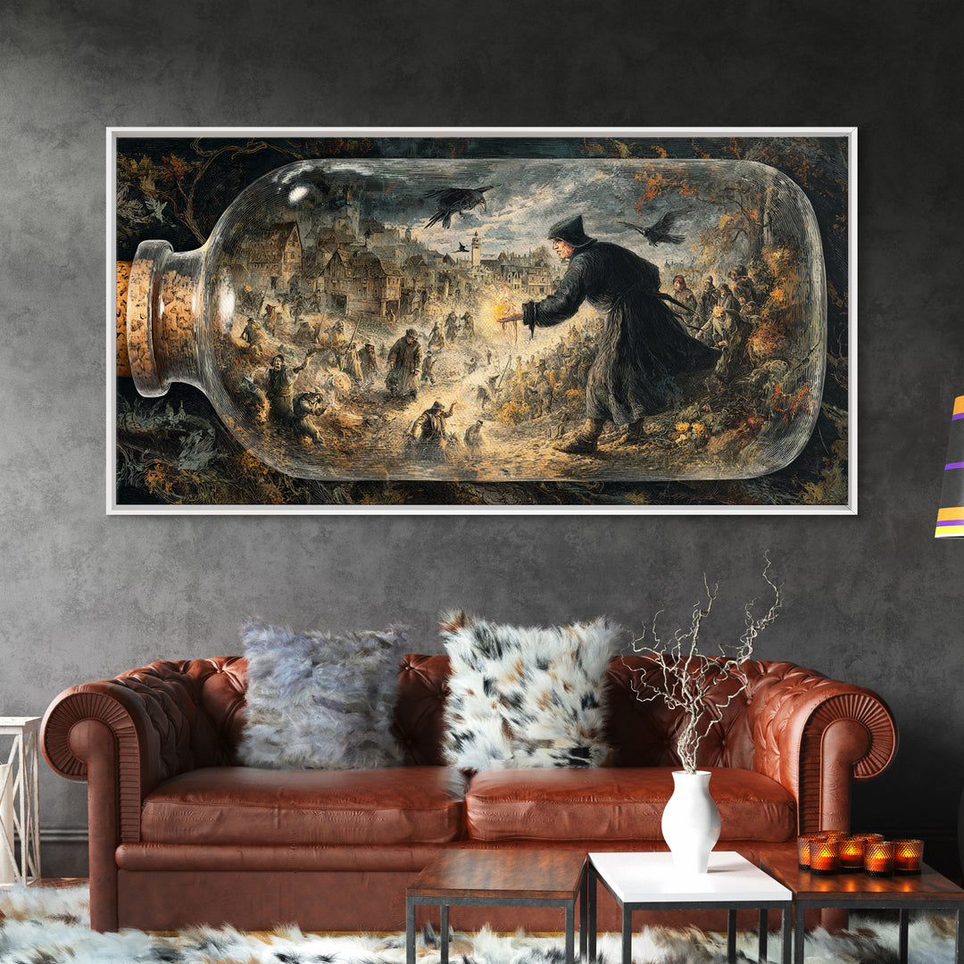 The Bottled Ghost, Northern Renaissance Horror, Wide Panoramic Art, Macabre Wall Art, Framed Canvas Print, Halloween Wall Art