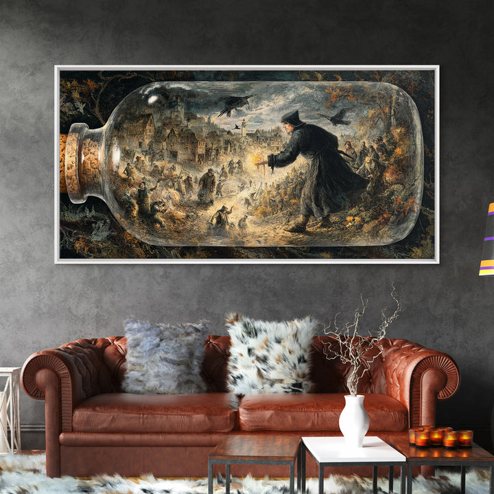 The Bottled Ghost, Northern Renaissance Horror, Wide Panoramic Art, Macabre Wall Art, Framed Canvas Print, Halloween Wall Art