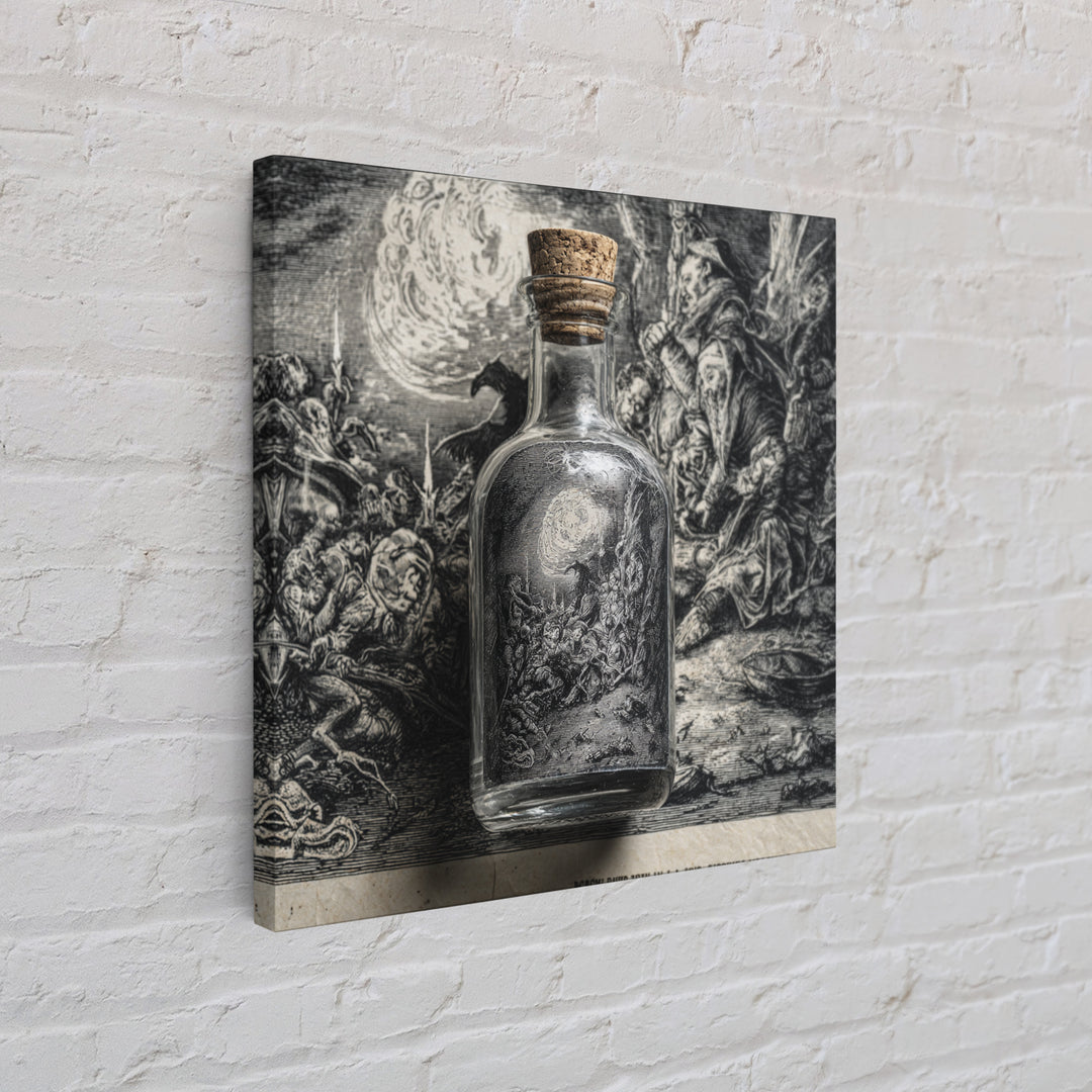 The Bottled Ghost, Renaissance Engraving Art, Square Wall Art, Dark Fantasy Wall Art, Framed Canvas Print, Halloween Wall Art