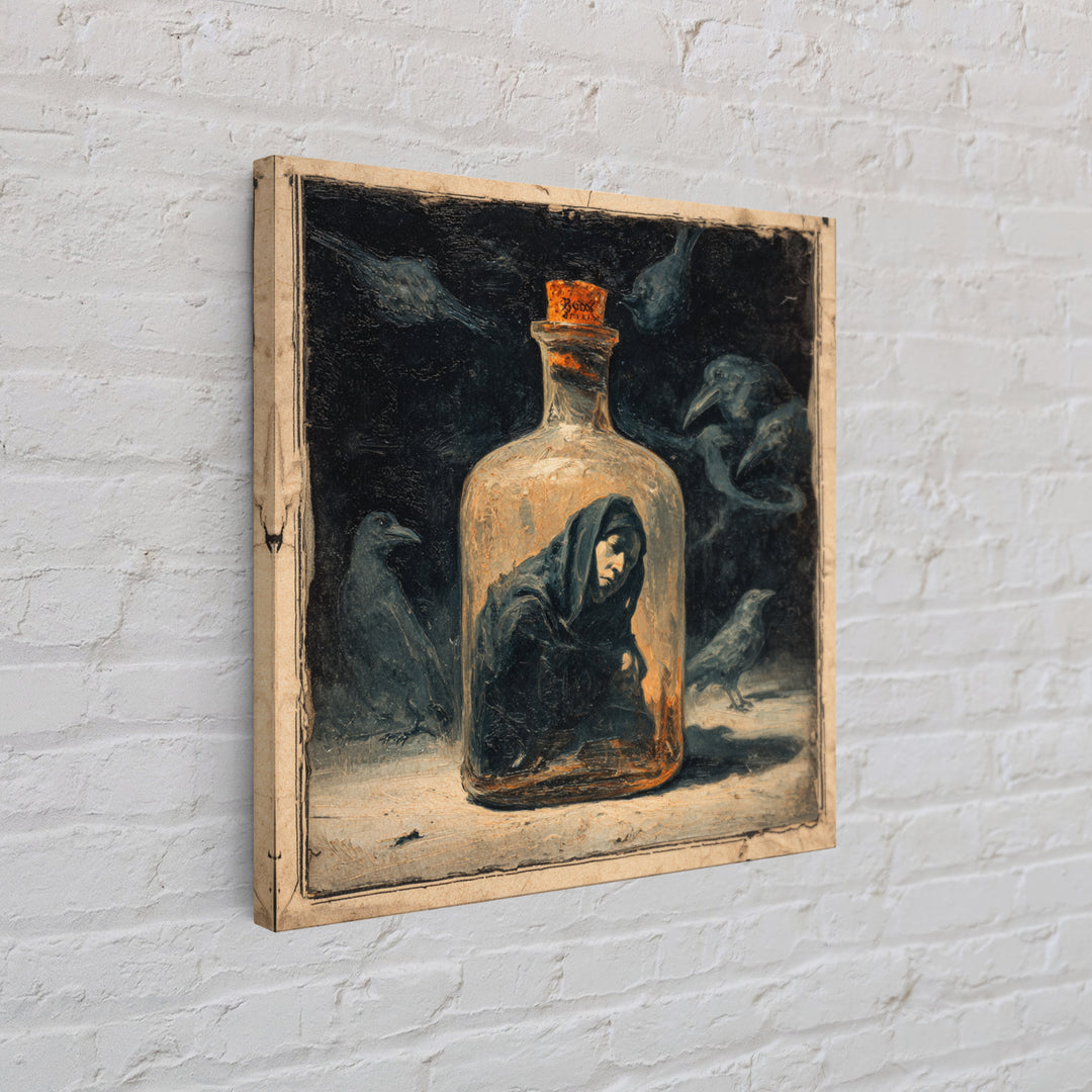 The Bottled Ghost, Dark Symbolist Art, Square Wall Art, Dark Halloween Decor, Canvas Print, Halloween Wall Art