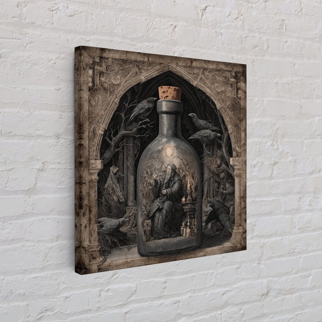 The Bottled Ghost, Symbolist Etching Art, Square Wall Art, Macabre Wall Art, Framed Canvas Print, Halloween Wall Art, Halloween Decor