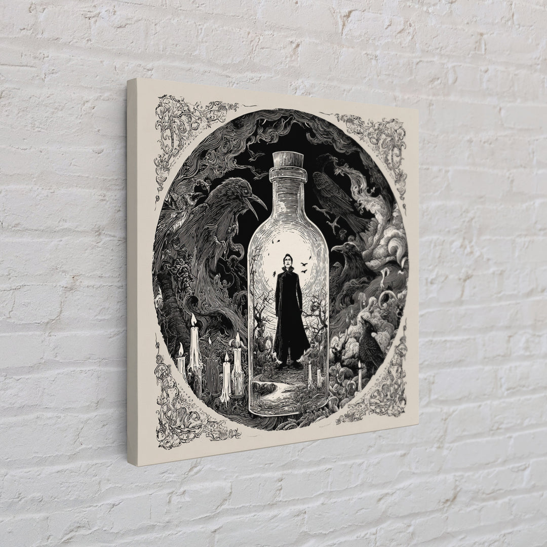 The Bottled Ghost, Decadent Line Art, Square Wall Art, Dark Fantasy Wall Art, Framed Canvas Print, Halloween Wall Art