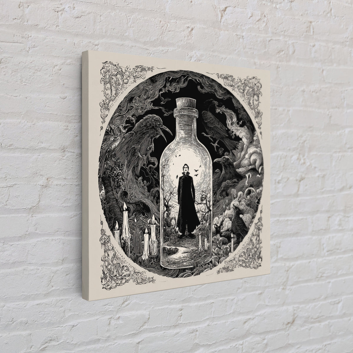 The Bottled Ghost, Decadent Line Art, Square Wall Art, Dark Fantasy Wall Art, Framed Canvas Print, Halloween Wall Art