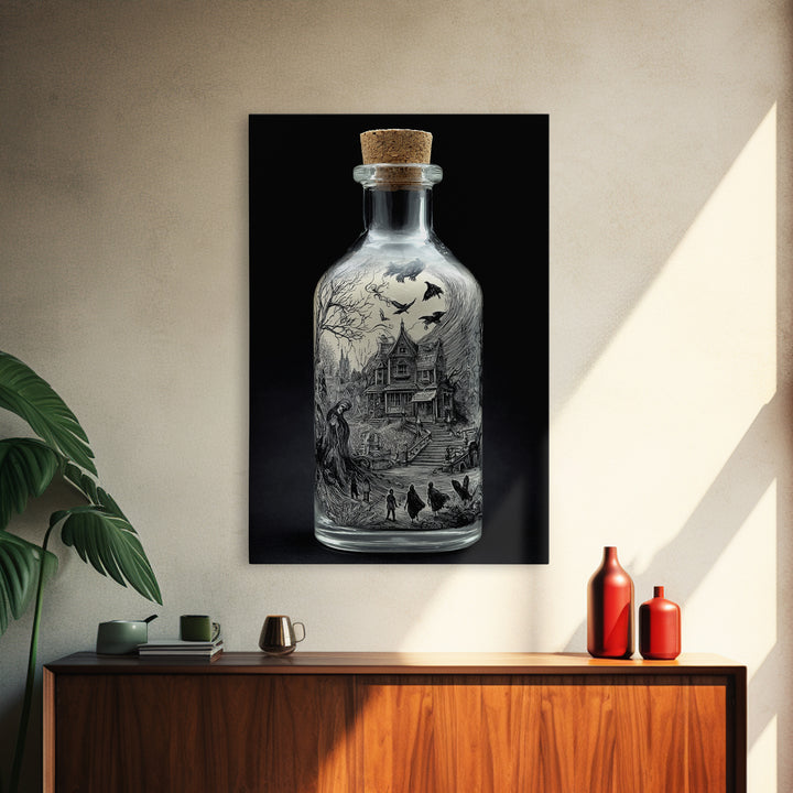 The Bottled Ghost, Victorian Macabre Art, Vertical Wall Art, Dark Halloween Decor, Framed Canvas Print, Halloween Wall Art