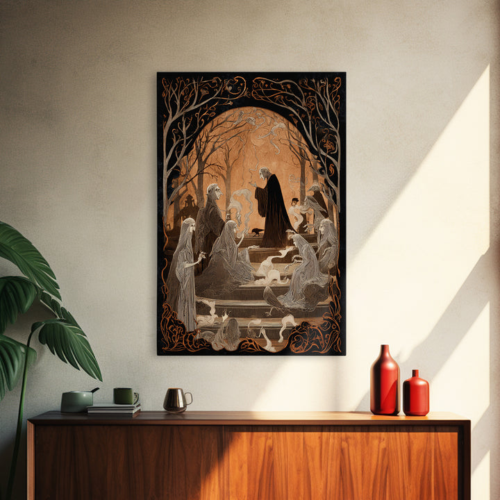 The Antique Spirit Board, Decadent Line Art, Vertical Wall Art, Macabre Wall Art, Framed Canvas Print, Halloween Wall Art
