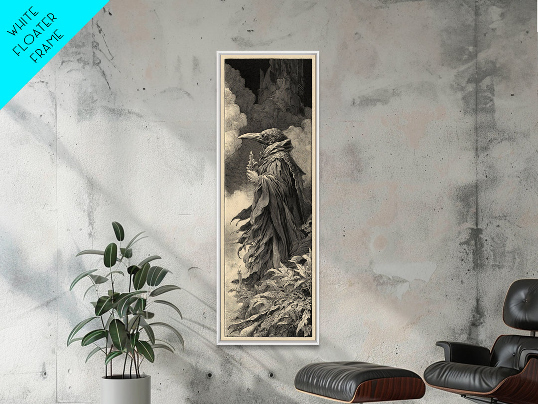 The Raven-Feather Quill, Gothic Engraving Art, Tall Narrow Wall Art, Dark Fantasy Wall Art, Framed Canvas Print, Halloween Wall Art