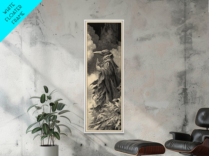 The Raven-Feather Quill, Gothic Engraving Art, Tall Narrow Wall Art, Dark Fantasy Wall Art, Framed Canvas Print, Halloween Wall Art