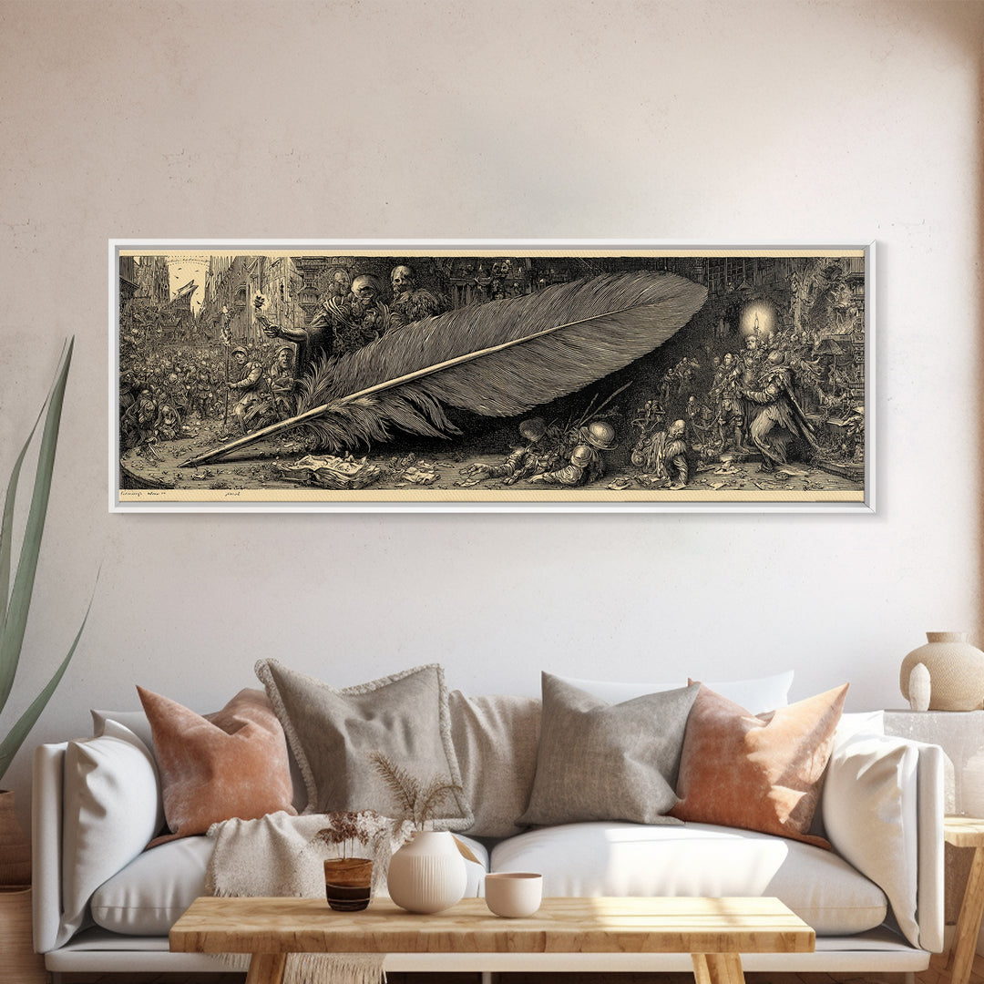 The Raven-Feather Quill, Medieval Grotesque Art, Extra Wide Wall Art, Dark Halloween Decor, Framed Canvas Print, Halloween Wall Art