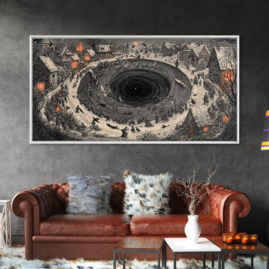 The Raven-Feather Quill, Northern Renaissance Horror, Wide Panoramic Art, Gothic Horror Wall Art, Framed Canvas Print
