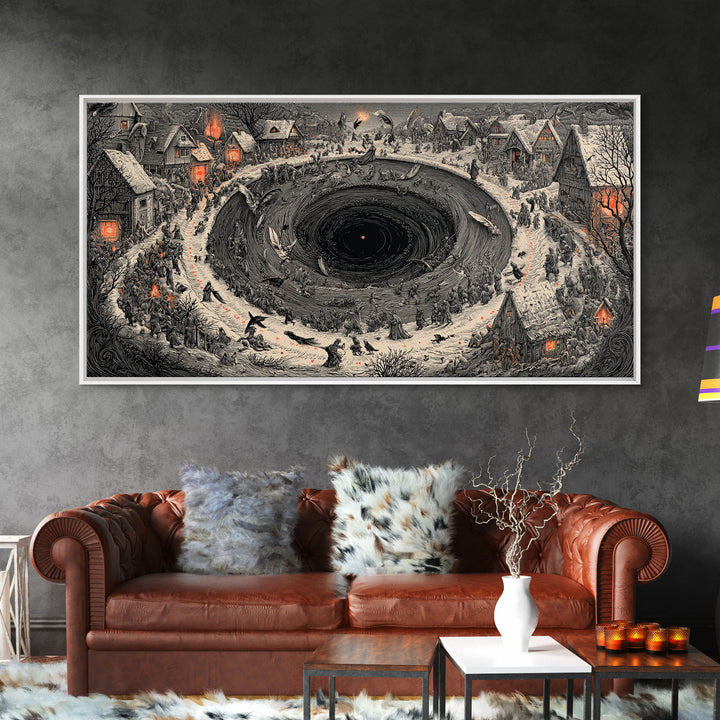The Raven-Feather Quill, Northern Renaissance Horror, Wide Panoramic Art, Gothic Horror Wall Art, Framed Canvas Print