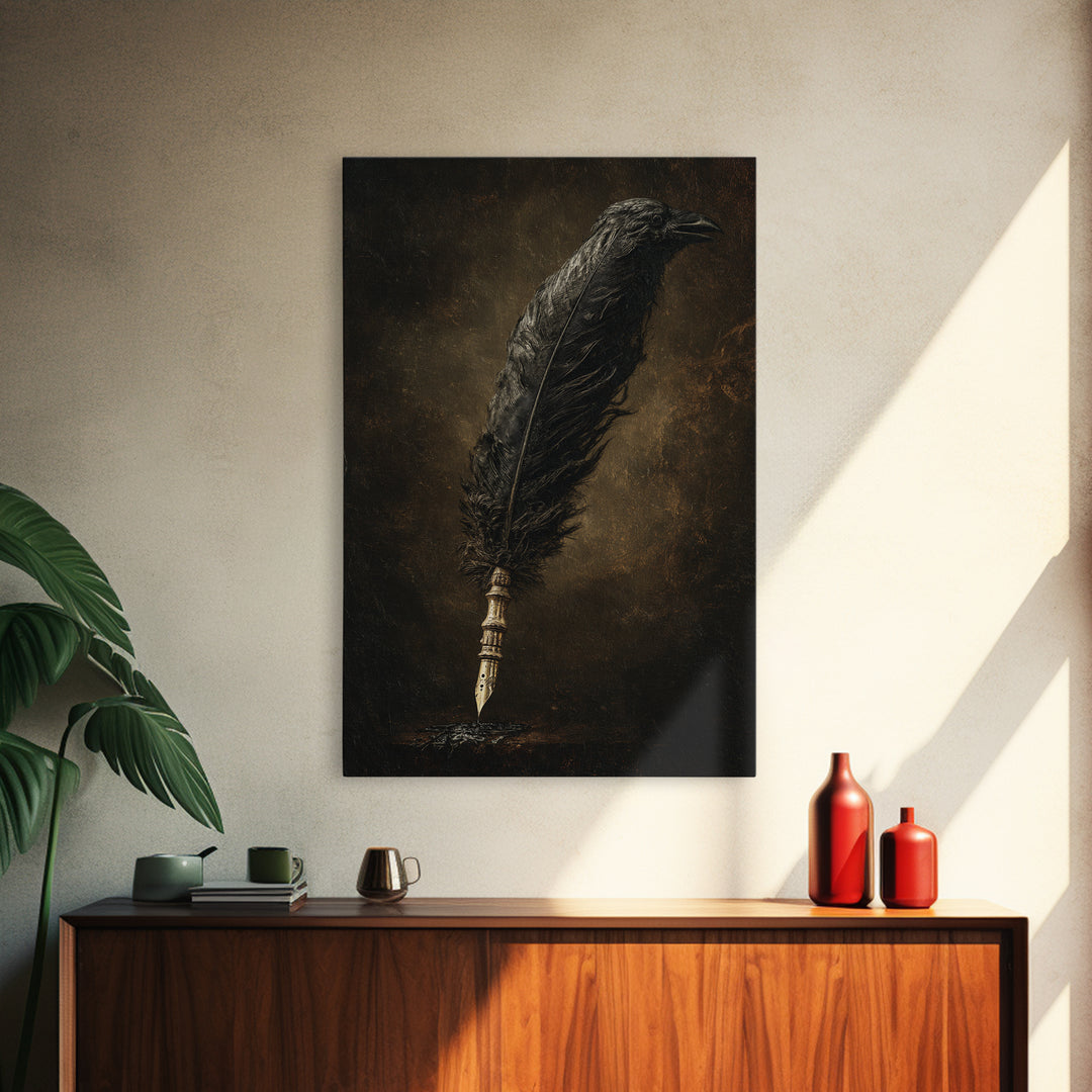 The Raven-Feather Quill, Dark Romantic Horror Art, Vertical Wall Art, Gothic Horror Wall Art, Framed Canvas Print, Halloween Wall Art
