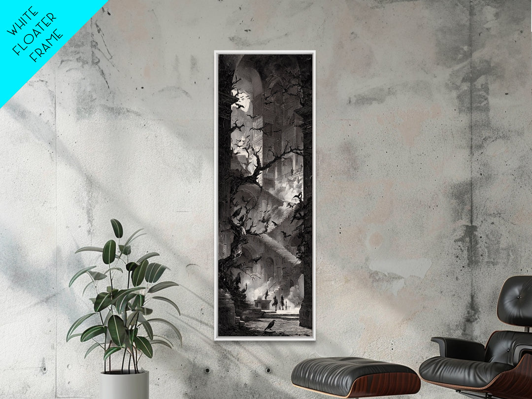 The Raven-Feather Quill, Architectural Etching Art, Tall Narrow Wall Art, Gothic Horror Wall Art, Framed Canvas Print