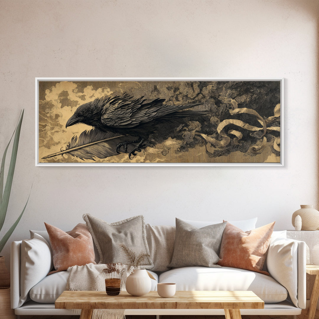 The Raven-Feather Quill, Apocalyptic Romantic Art, Extra Wide Wall Art, Dark Halloween Decor, Framed Canvas Print, Halloween Wall Art