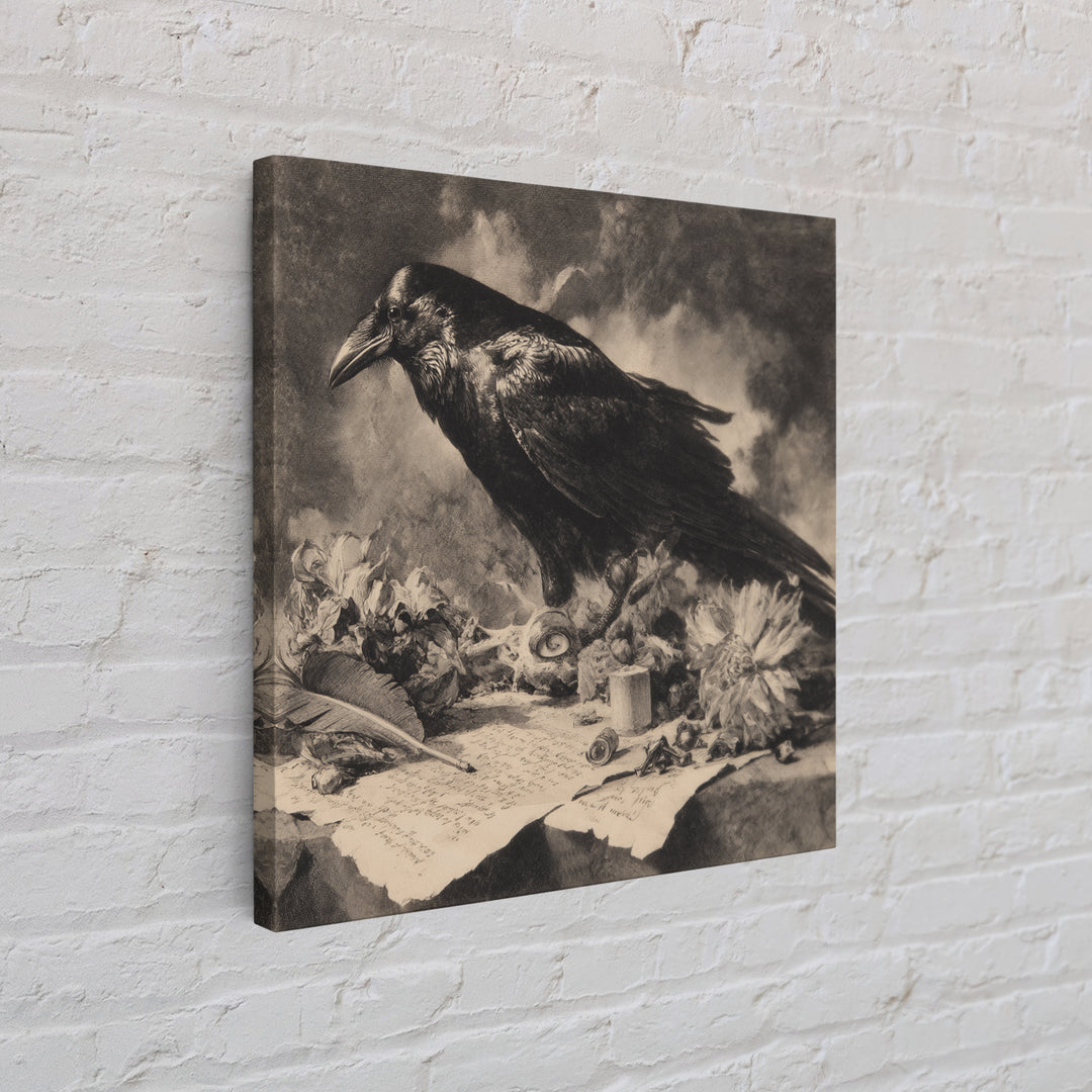 The Raven-Feather Quill, Symbolist Dream Art, Square Wall Art, Dark Halloween Decor, Framed Canvas Print, Halloween Wall Art