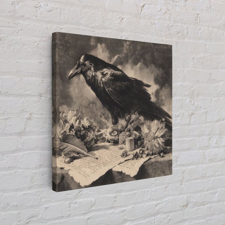 The Raven-Feather Quill, Symbolist Dream Art, Square Wall Art, Dark Halloween Decor, Framed Canvas Print, Halloween Wall Art