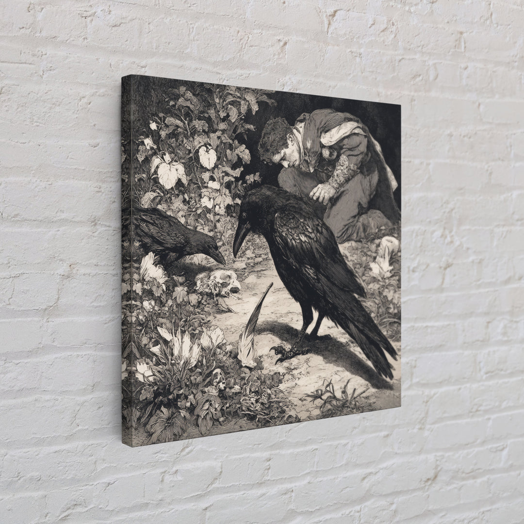 The Raven-Feather Quill, Symbolist Etching Art, Square Wall Art, Gothic Horror Wall Art, Framed Canvas Print, Halloween Wall Art