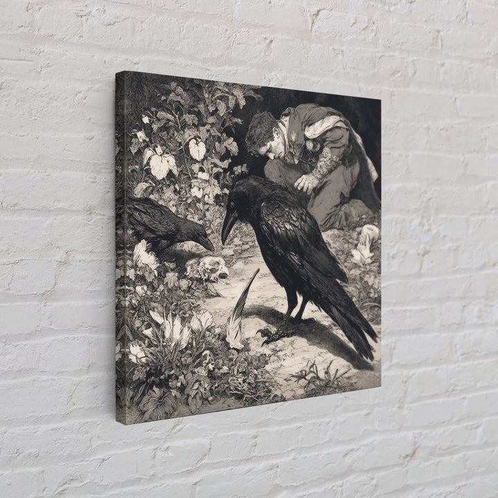 The Raven-Feather Quill, Symbolist Etching Art, Square Wall Art, Gothic Horror Wall Art, Framed Canvas Print, Halloween Wall Art