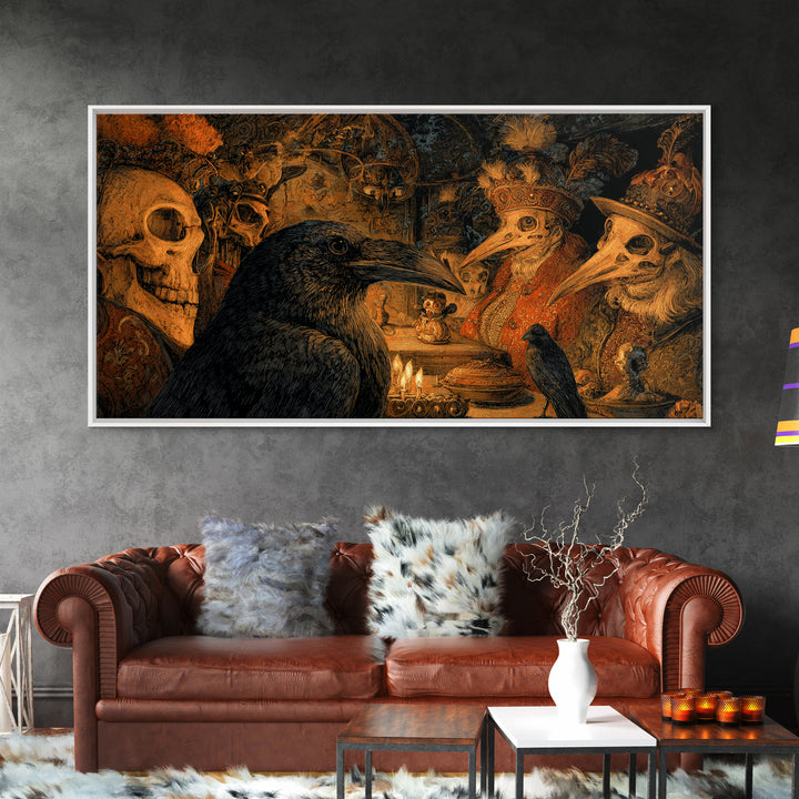The Raven-Feather Quill, Grotesque Carnival Art, Wide Panoramic Art, Dark Fantasy Wall Art, Framed Canvas Print, Halloween Wall Art