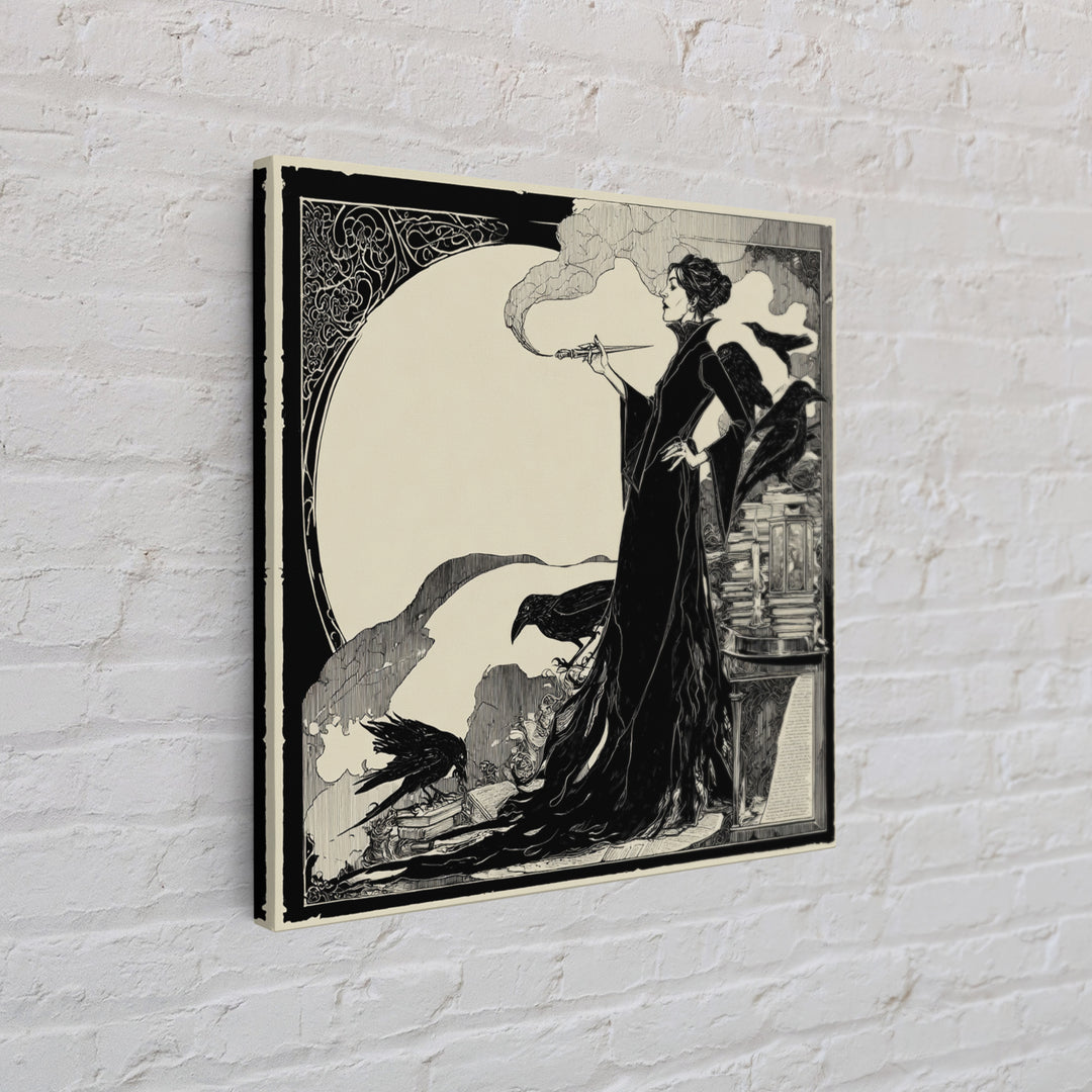 The Raven-Feather Quill, Decadent Line Art, Square Wall Art, Dark Fantasy Wall Art, Framed Canvas Print, Halloween Wall Art