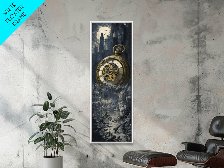 The Cursed Pocket Watch, Gothic Engraving Art, Tall Narrow Wall Art, Dark Halloween Decor, Framed Canvas Print, Halloween Wall Art