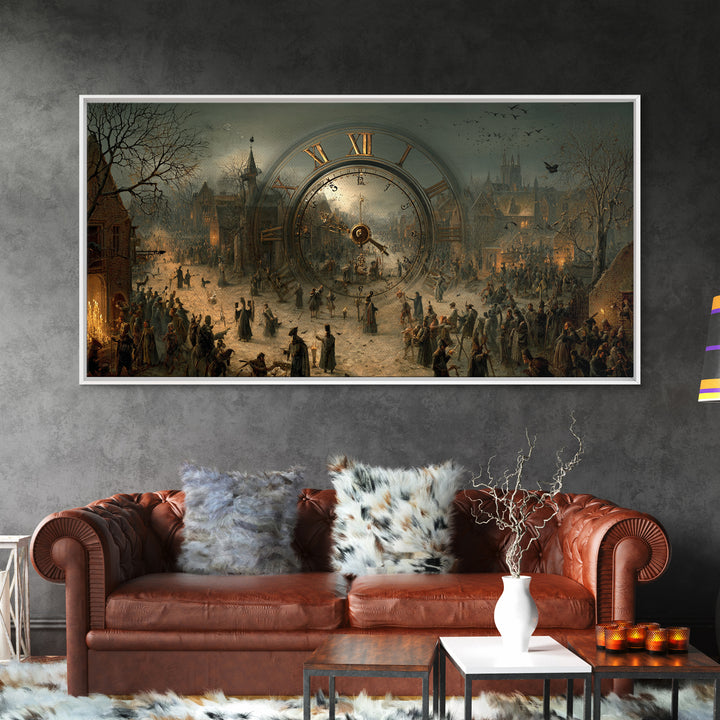 The Cursed Pocket Watch, Northern Renaissance Horror, Wide Panoramic Art, Dark Halloween Decor, Framed Canvas Print