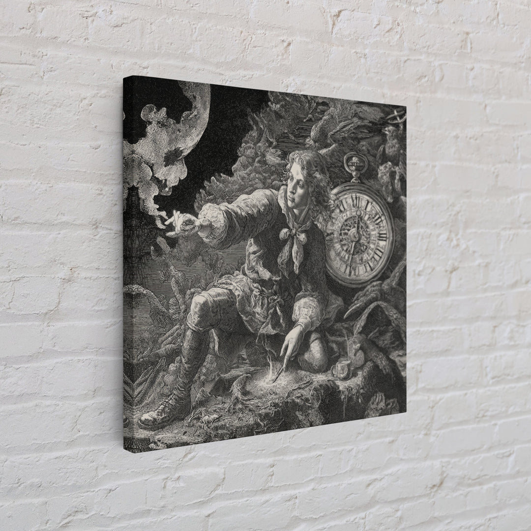 The Cursed Pocket Watch, Renaissance Engraving Art, Square Wall Art, Macabre Wall Art, Canvas Print, Halloween Wall Art