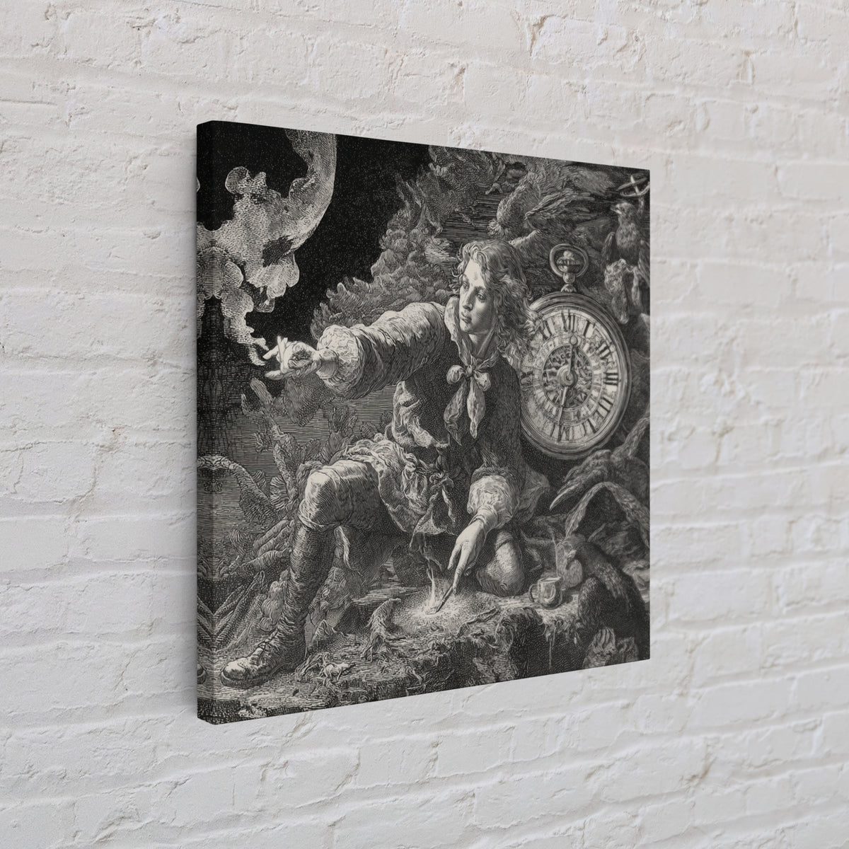 The Cursed Pocket Watch, Renaissance Engraving Art, Square Wall Art, Macabre Wall Art, Canvas Print, Halloween Wall Art
