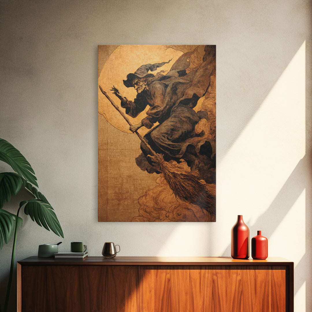 The Witch'S Broom, Dark Renaissance Art, Vertical Wall Art, Dark Fantasy Wall Art, Canvas Print, Halloween Wall Art