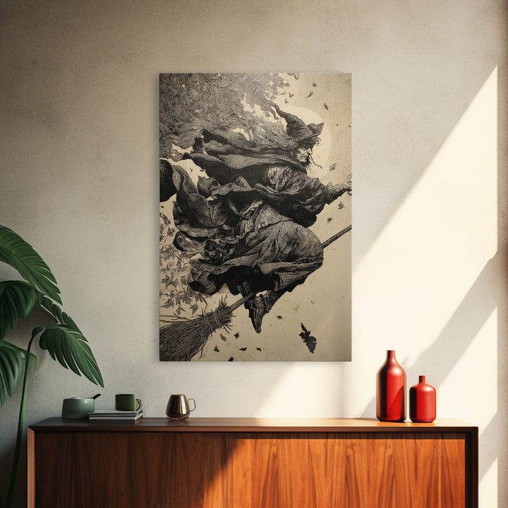 The Witch'S Broom, Renaissance Engraving Art, Vertical Wall Art, Gothic Horror Wall Art, Canvas Print, Halloween Wall Art