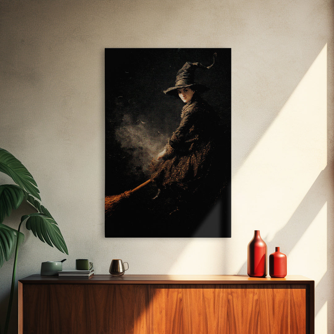 The Witch'S Broom, Dark Romantic Horror Art, Vertical Wall Art, Dark Halloween Decor, Framed Canvas Print, Halloween Wall Art