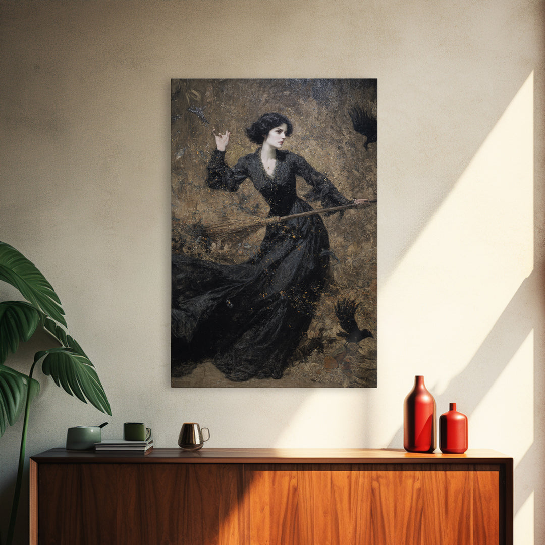 The Witch'S Broom, Ornate Symbolist Art, Vertical Wall Art, Dark Halloween Decor, Framed Canvas Print, Halloween Wall Art