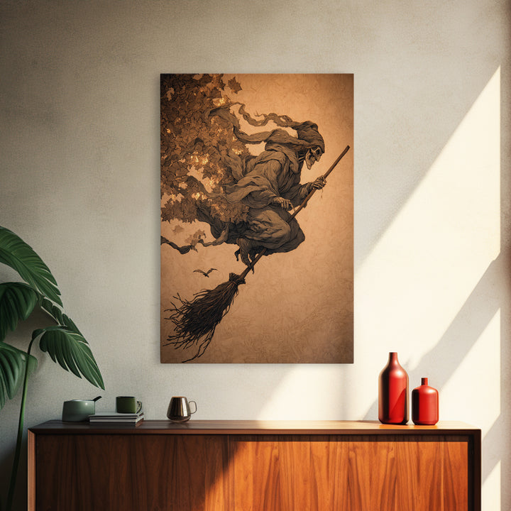 The Witch'S Broom, Decadent Gothic Art, Vertical Wall Art, Dark Halloween Decor, Canvas Print, Halloween Wall Art, Horror Wall Art
