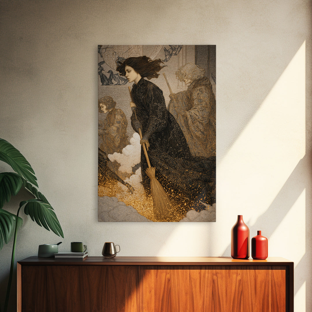 The Witch'S Broom, Symbolist Death Art, Vertical Wall Art, Macabre Wall Art, Framed Canvas Print, Halloween Wall Art