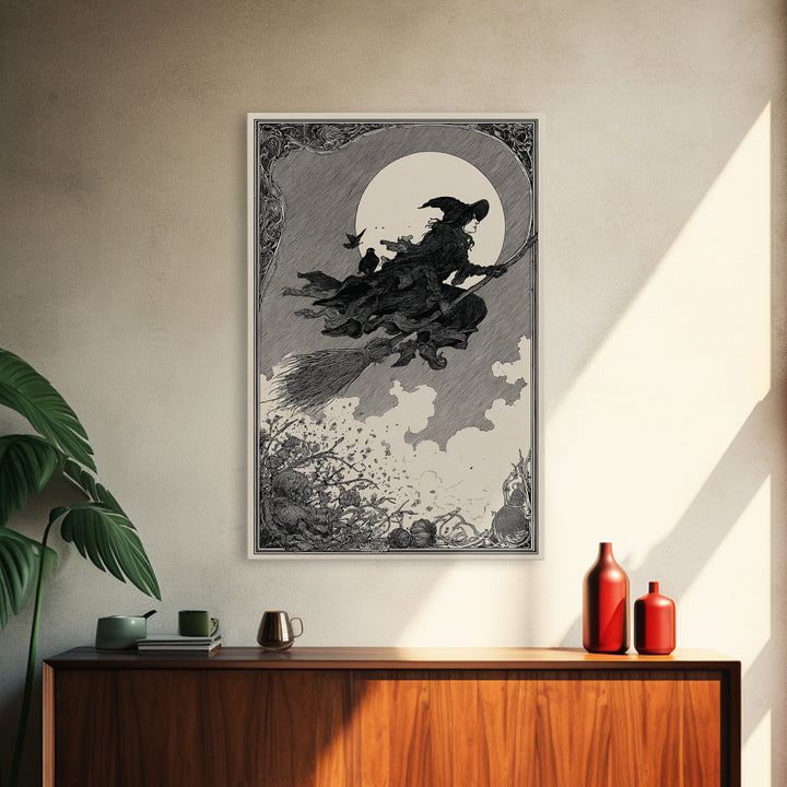 The Witch'S Broom, Decadent Line Art, Vertical Wall Art, Macabre Wall Art, Canvas Print, Halloween Wall Art, Gothic Home Decor
