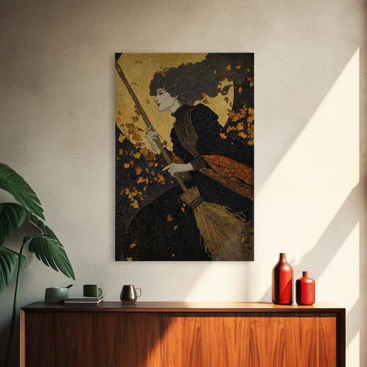 The Witch'S Broom, Stained Glass Gothic Art, Vertical Wall Art, Macabre Wall Art, Framed Canvas Print, Halloween Wall Art