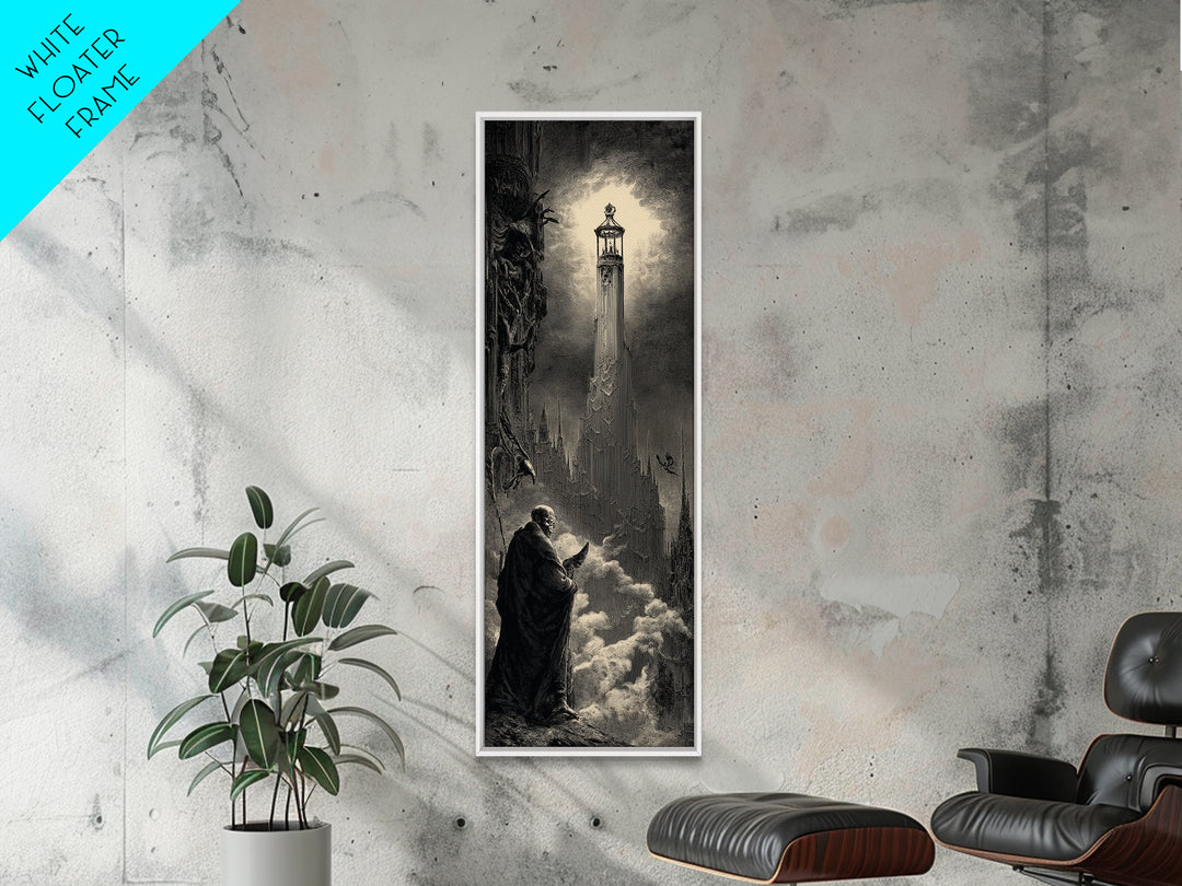 The Bone-Handled Lantern, Gothic Engraving Art, Tall Narrow Wall Art, Dark Halloween Decor, Framed Canvas Print, Halloween Wall Art
