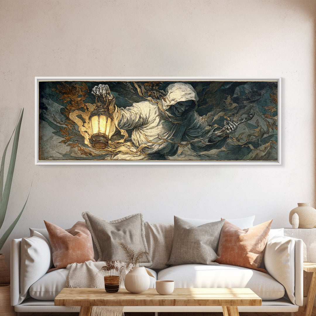 The Bone-Handled Lantern, Visionary Gothic Art, Extra Wide Wall Art, Dark Halloween Decor, Canvas Print, Halloween Wall Art